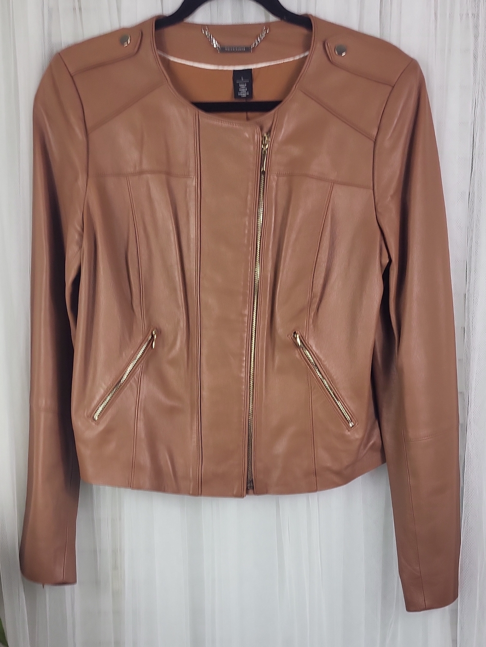 White house/Black Market Women's Genuine Leather Zip Front Jacket - Tan. Size L